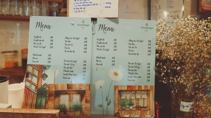 menu tiệm trà cỏ ngọt